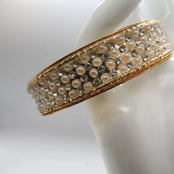 Unbranded Jewelry - Vintage Bracelet Gold Tone Bangle Imitation Pearls Clear Rhinestones Victorian